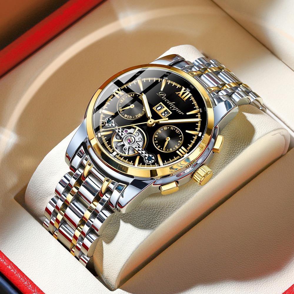 POEDAGAR Automatic Mechanical Watch Men Tourbillon Skeleton Wristwatch Calendar Week Display Leather Strap