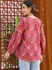 Pink Floral Printed V-Neck Pintuck Cotton Top