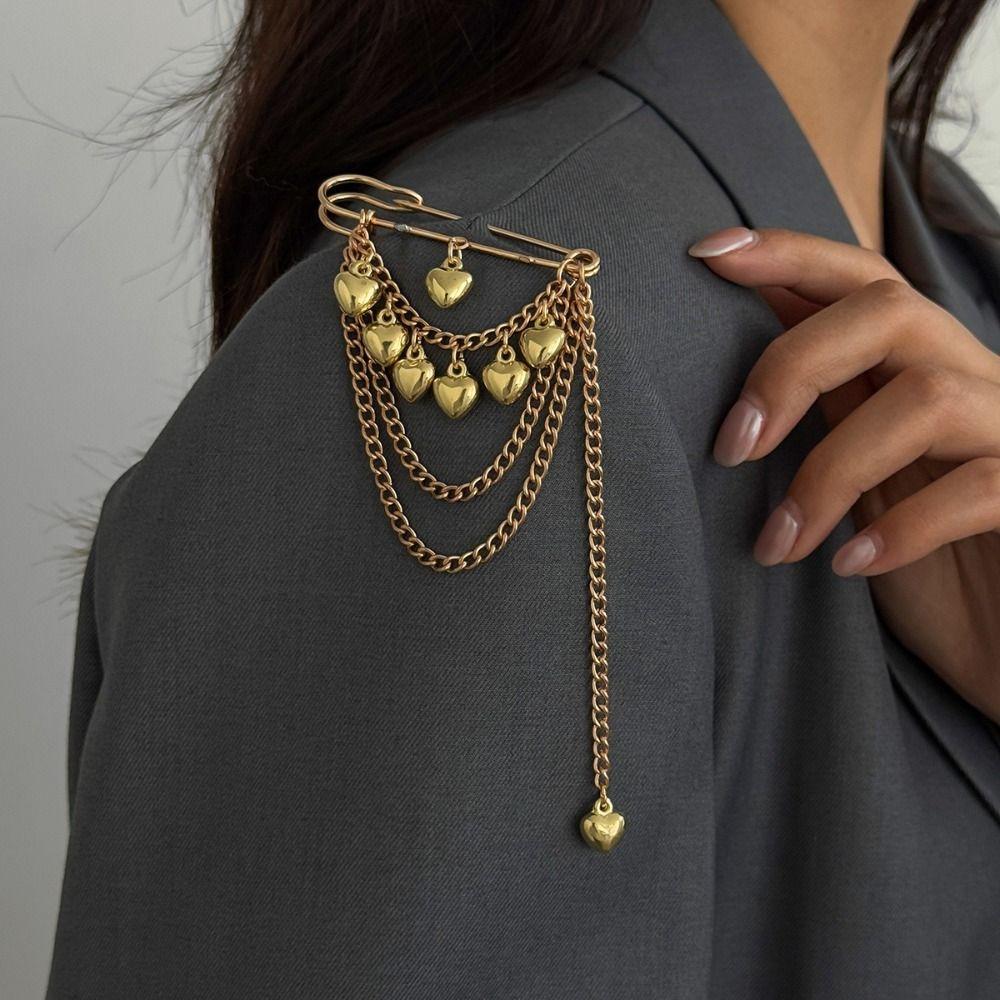 Iron Heart Brooch Pin Heart Shape Pendant Multi-Function Pin Fashion Chain Tassel Badge Daily