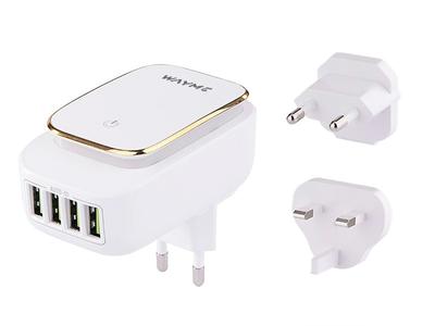 WAYME 4x USB 4.4A Wall Charger with Touch LED Light + Adapters - Plugs for EU, UK and US Sockets