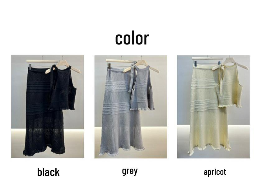 Summer French Fashion: Knitted Midi Skirt & Tie-Up Tank Top Ice Silk Two-Piece Dress