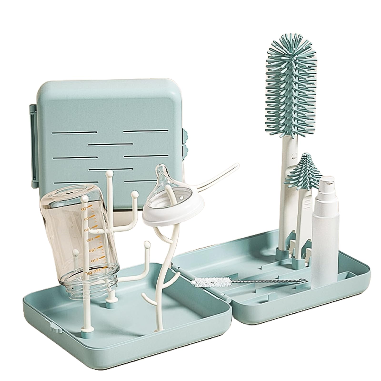 

Percy s Caravan Portable Bottle Brush Set with Case, Draining Rack, Silicone Straw Brush, Pacifier Cleaner, for Travel (Blue)