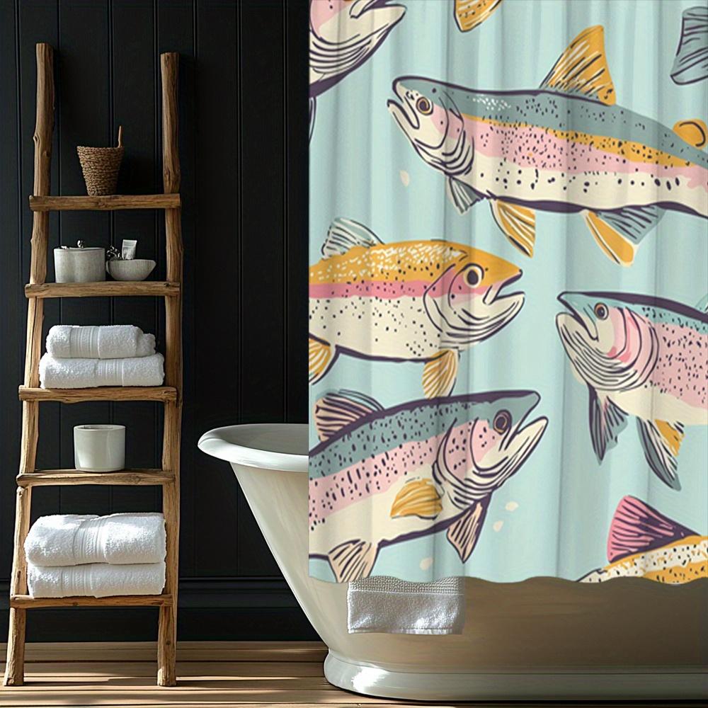 1pc Vibrant Trout Fish Shower Curtain, Mid-Century Modern Style, Light Teal Background with Colorful Fish Design