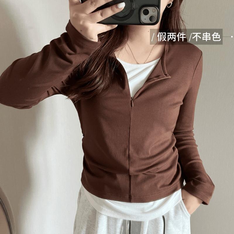 Half Zipper Fake Two-piece Shirt Women's Top Spring Burgundy Contrasting Splicing Long-sleeved Bottoming Shirt