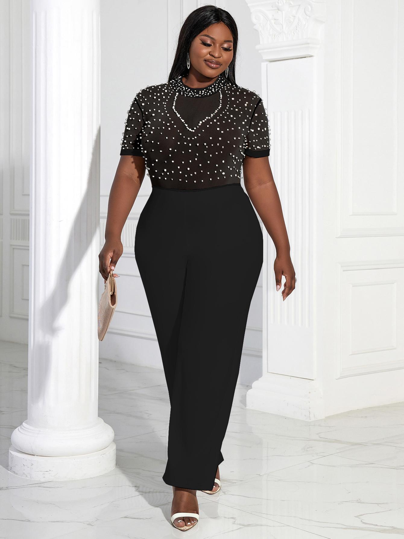 

AOMEI Женские комбинезоны с прозрачным бисером, воротник-стойка с коротким рукавом, широкие штанины, вечерние, цельные, комбинезоны 4XL чёрный