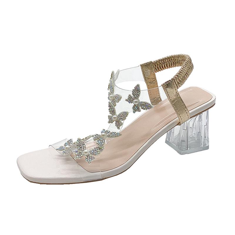 Rhinestone Women's Sandals 2025 Summer Fashion Versatile Outdoor High-heeled Women's Shoes Elegant Large Size Formal Women Shoes