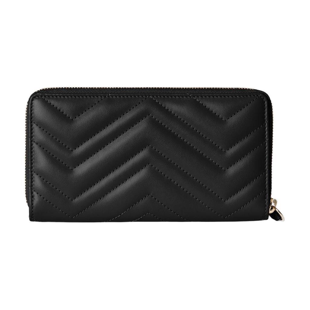 Gucci GG Marmont Black Quilted Leather Zip Around Long Wallet With Gold Double G Logo For Women Luxury Daily Use