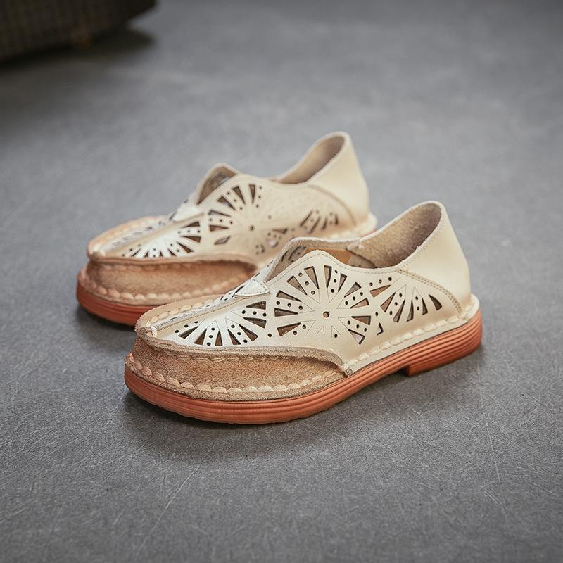 Johnature Genuine Leather Retro Hollow-out Breathable Sandals Versatile Comfortable Women's Slip-on Shoes
