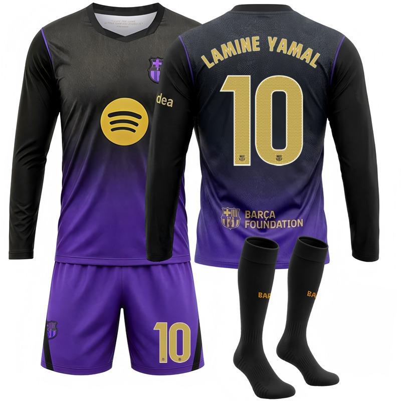 2627 Rodri New Jersey – FC Barcelona Away Long-Sleeve Soccer Shirt (Black/Purple) – No. 10 Lamine Yamal / Messi