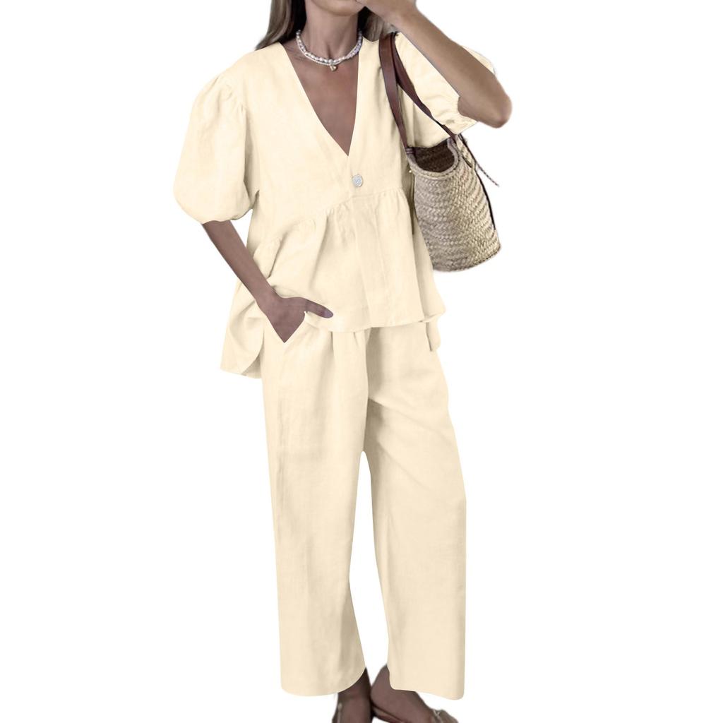 Women's 2 Piece Outfits Sets Ruched Short Sleeve Tops  Wide Leg Pants Tracksuit Sets