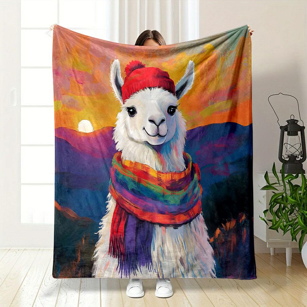 Colorful Llama In Sunset Scenery Patterned Blanket, Flannel, Suitable for All Seasons, Home Decor, Warm and Cozy