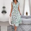 Summer Women Floral V Neck Sleeveless Holiday Dress High Waist Wood Ear Edge Design