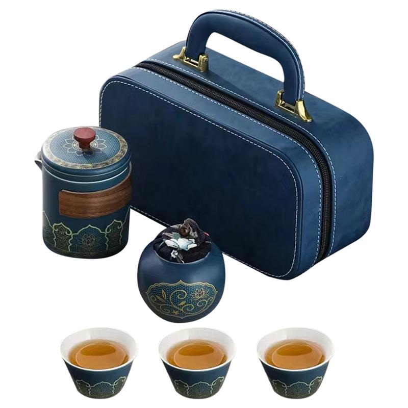 

A25F- Travel Tea Set 1Set-Portable Teapot Tea Canister Tea Cup Outdoor Quick Cup Leather Carry Bag