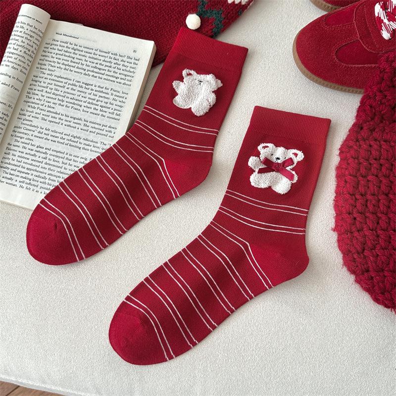 Little Bear Red Cartoon Socks, Women's Autumn and Winter Pure Cotton Mid-calf Socks, Heart-shaped Little Dog Polka Dot Striped Socks