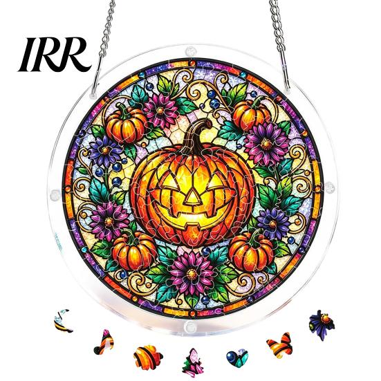 Reusable Halloween Hanging Sign Acrylic Puzzle Decor, 2D Ghost Pumpkin Skeleton Sign, Faux Window Decal Stained Glass Spooky for Party Home