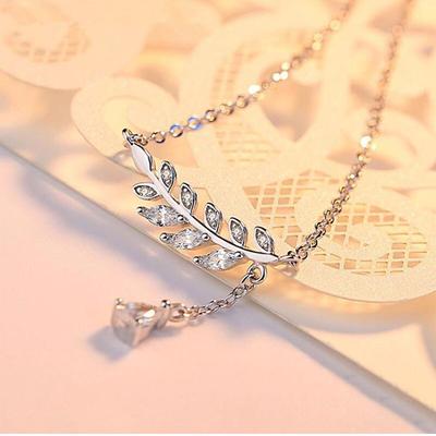 Collana Pendente Elegante con Ramo d'Albero Foglie e Nappa in Argento Sterling 925 con Zirconia Cubica per Donne Gioielli S-N227