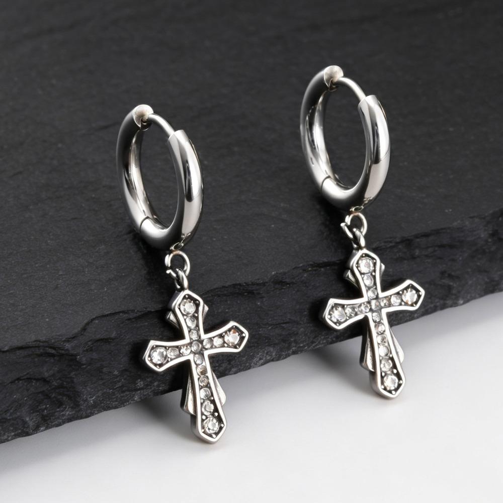 High Quality Cross Hoop Earring for Men,Hypoallergenic Stainless Steel Cross Charms Pierced Earring,Hip Hop Trendy Jewelry