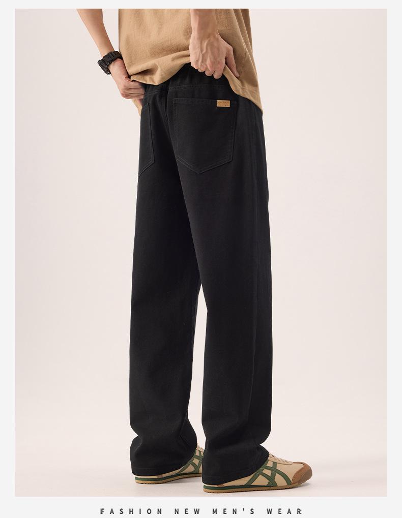 Men's All-Cotton Elastic Waist Wide-Leg Casual Pants - Solid Color, Floor-Length, Autumn Style