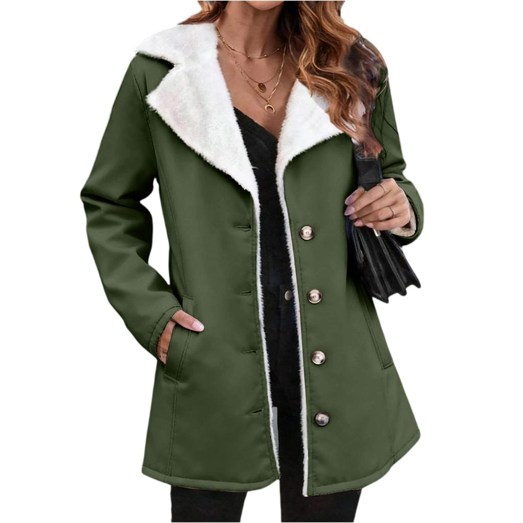 Damski modny płaszcz o średniej długości z kołnierzem z polaru w jednolitym kolorze o kroju oversize