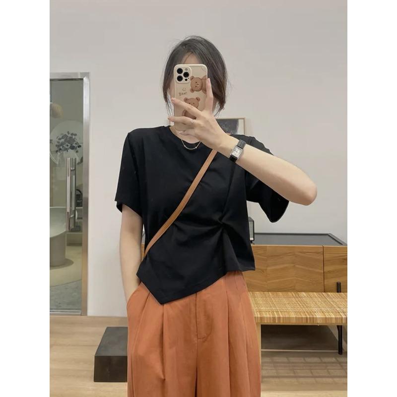 

Белая футболка из чистого хлопка с коротким рукавом для женщин, новый дизайн, нишевая, нерегулярная, свободный топ, лето XL чёрный