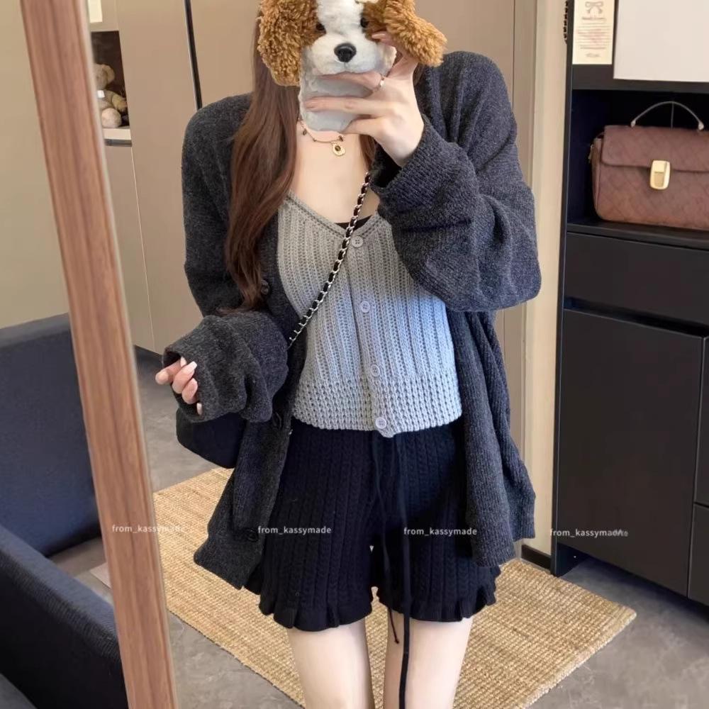 

French-Inspired Ruffled Cable Knit High-Waisted Shorts for Women - Autumn/Winter Casual Style One Size чёрный