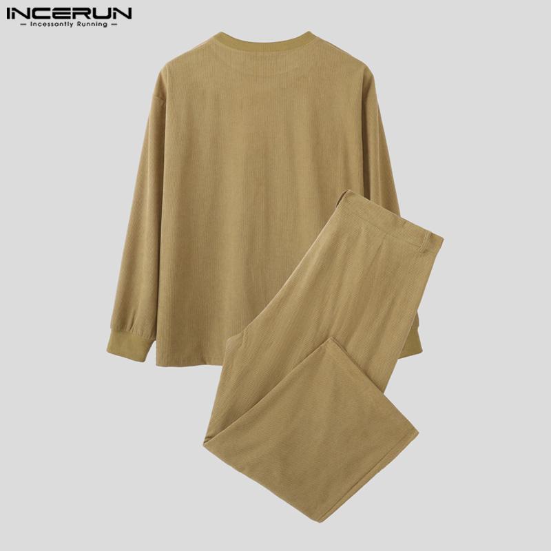 INCERUN Two Pieces Autumn Men Long Sleeve Pullovers Long Pants Casual Corduroy Sets Outfits