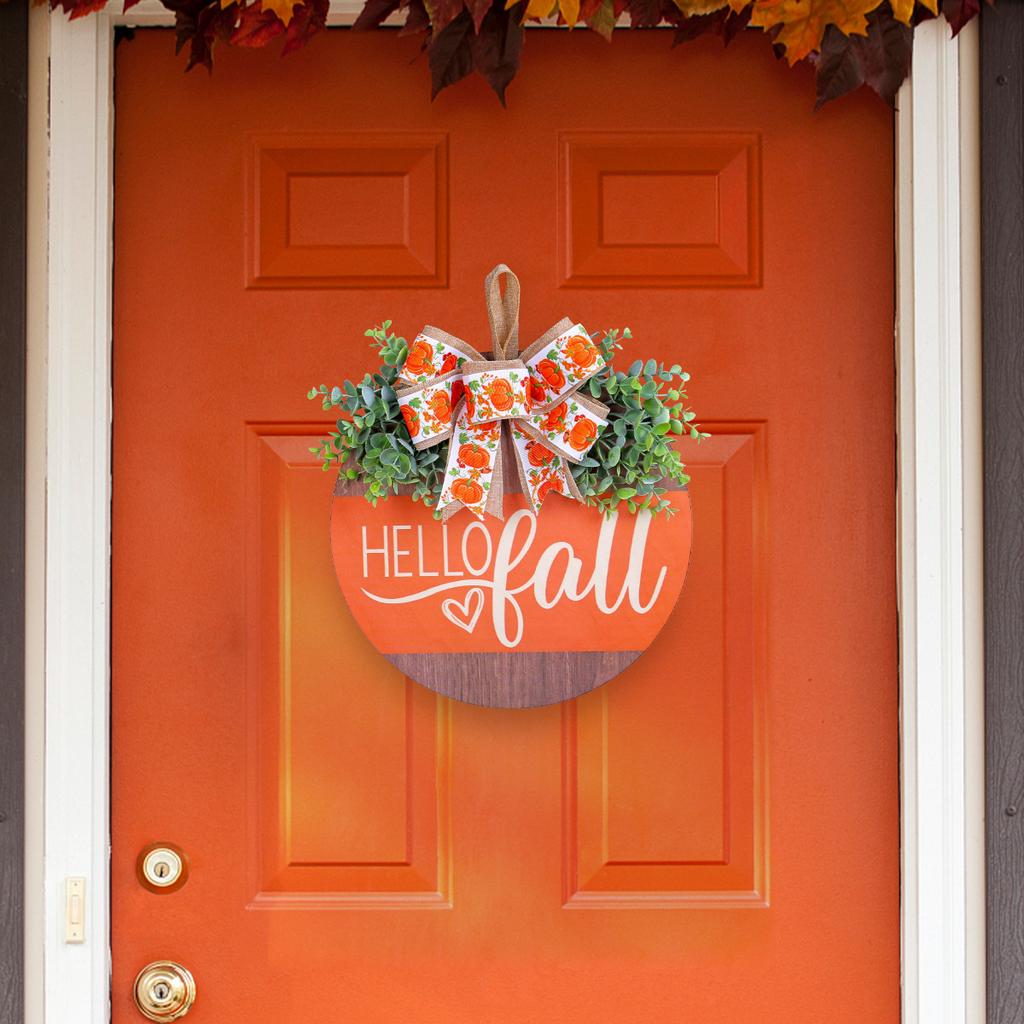 Harvest Festival Decor Front Door Garland, Autumn Decor Wooden House Number Pendant with Pumpkin Bow, Decorative Wreaths