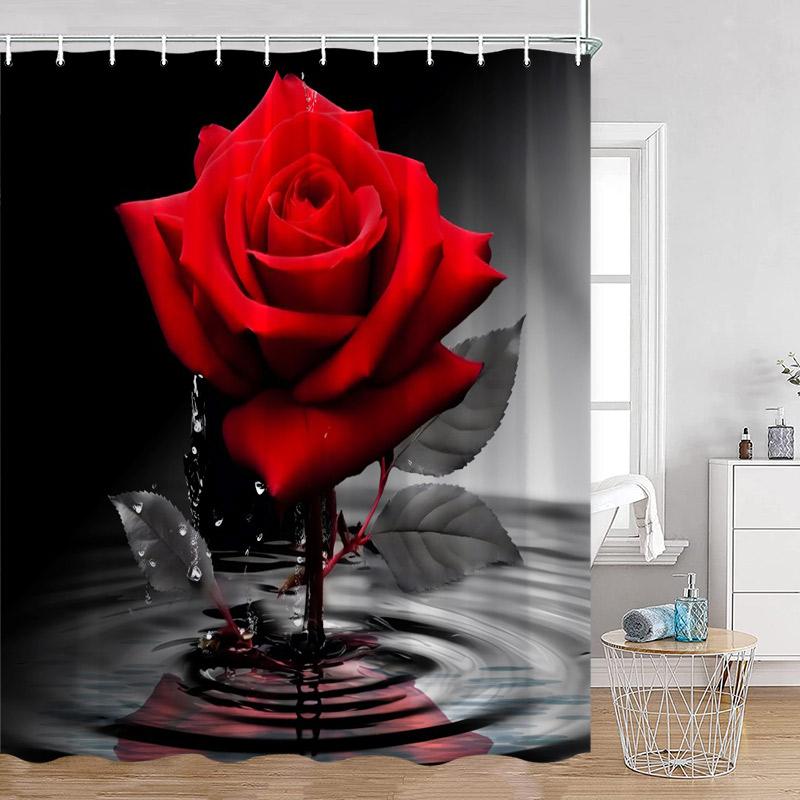 Red Roses Floral Shower Curtain Romantic Flower Plant Love Romance Bath Curtain Polyester Modern Bathroom Decoration with Hook