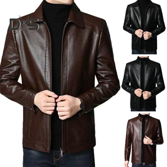 Chaqueta de Hombre Piel Sintética Color Sólido Cuello Alto Suave Grueso Cálido Manga Larga Cremallera Protección del Cuello Motocicleta A Prueba de Viento Chaqueta Fresca Otoño Invierno