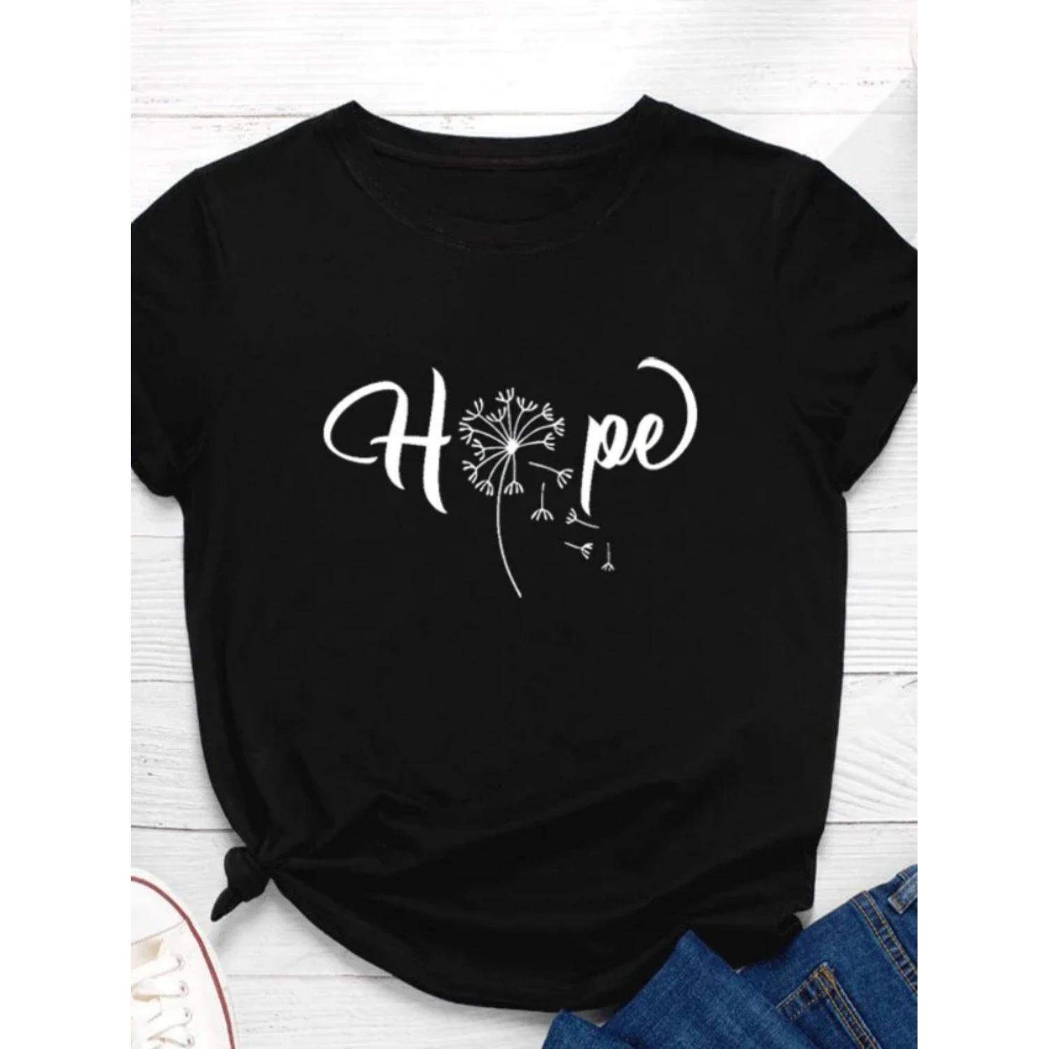 

Dandelion Hope Letter Print Женская футболка с коротким рукавом и круглым вырезом Свободная женская футболка Женская футболка Топы Одежда Camisetas Mujer S чёрный