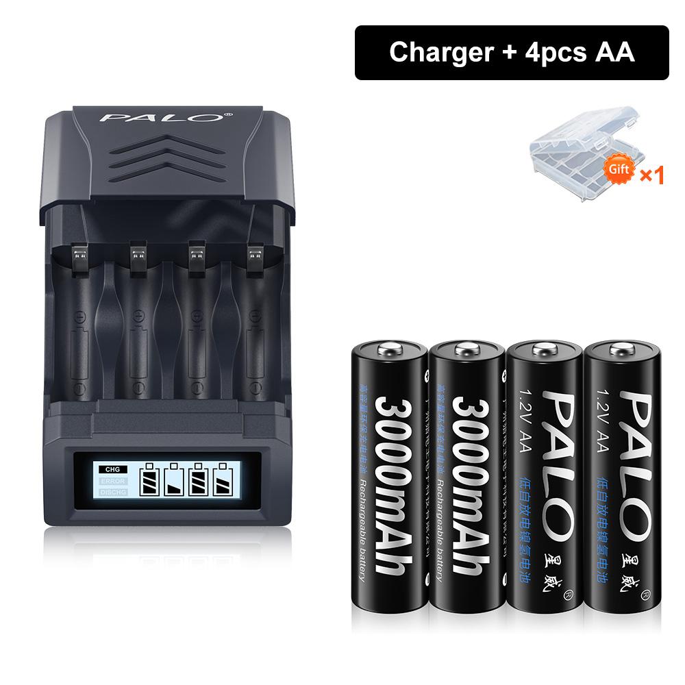 PALO 1.2V NI-MH AA 3000mah Rechargeable battery AA NIMH 2A  Batteries With 4 Slots LCD USB charger for 1.2V/1.5V AA AAA Battery