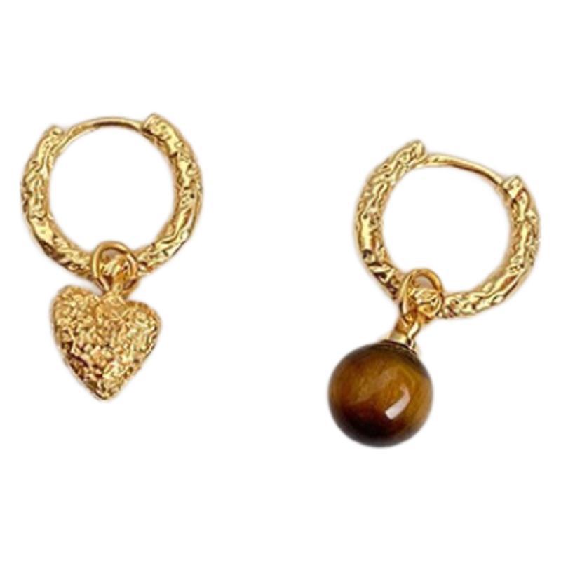 Asymmetric Love Heart Tiger's Eye Earrings Retro Foreign High-end Texture Detachable Design Casual Versatile Women's Niche Fashion Earrings