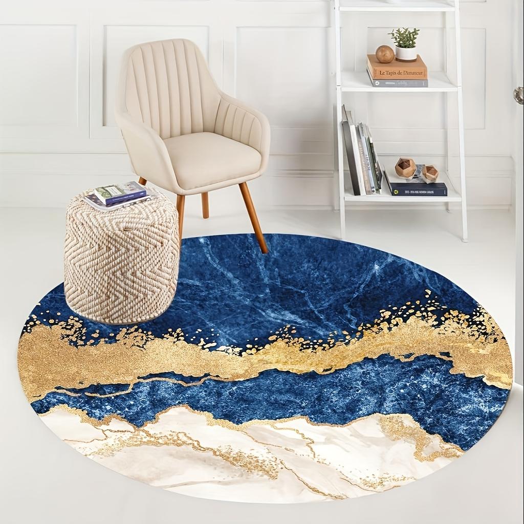 Luxurious Golden and Blue Marble Round Area Rug Non-Slip Soft Decorative Floor Mat for Living Room Bedroom Office Dining Room