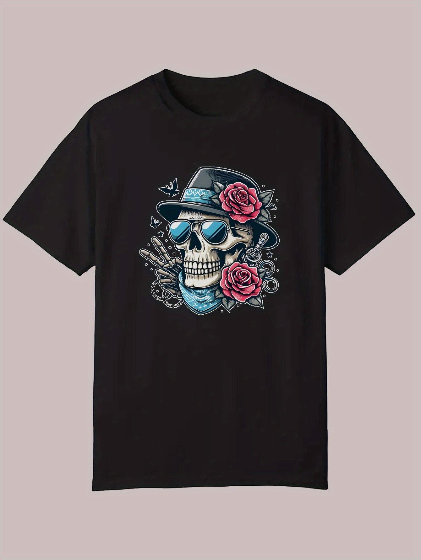 Casual Summer Graphic T-shirt - Skull with Roses Design S