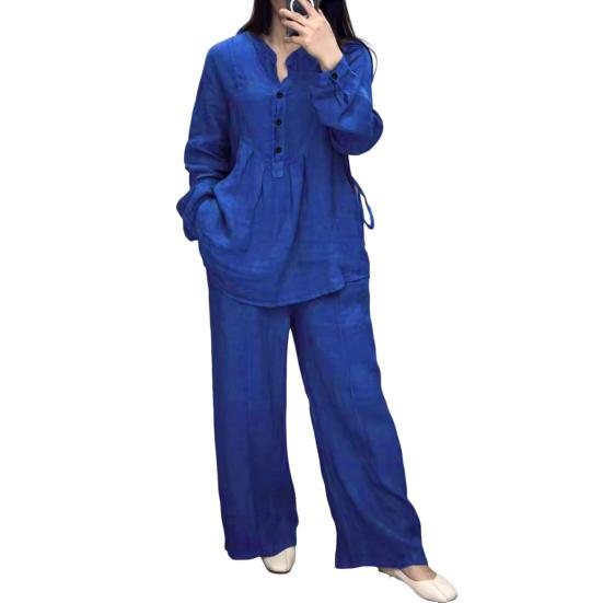 2 Pcs/Set Women Top Pants Suit Round Neck Half Single-breasted Long Sleeves