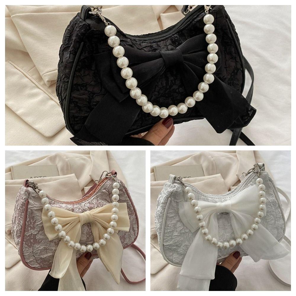 Pearl Bow Shoulder Bag Canvas Small Square Bag Luxury Bow Underarm Bag  Girls