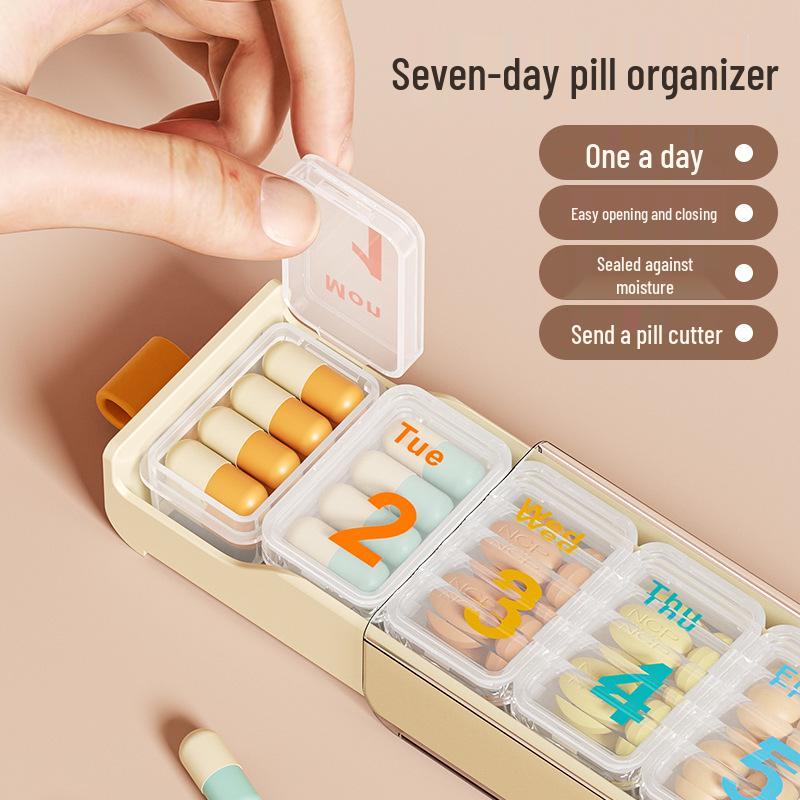Compact Moisture-Proof 7-Day Pill Organizer Box with Secure Lid and Compartments.