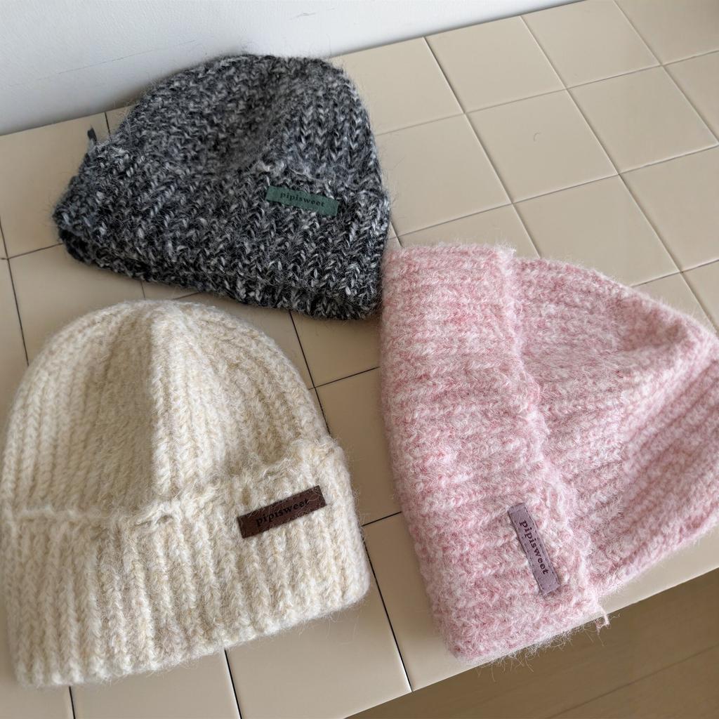 Small Leather Standard Mixed Color Knitted Hat Children's Simple and Versatile Thickened Winter Warm Wool Hat Cold Hat Student Male