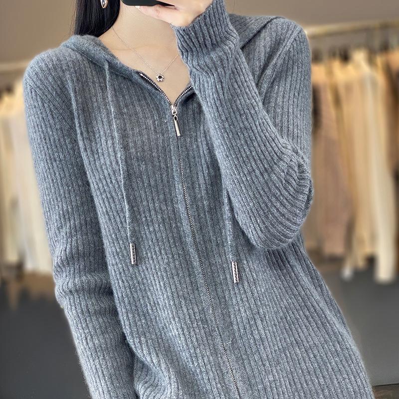 Women's 100% Pure Wool Hooded Cardigan - Spring Cashmere Zipper Sweatshirt