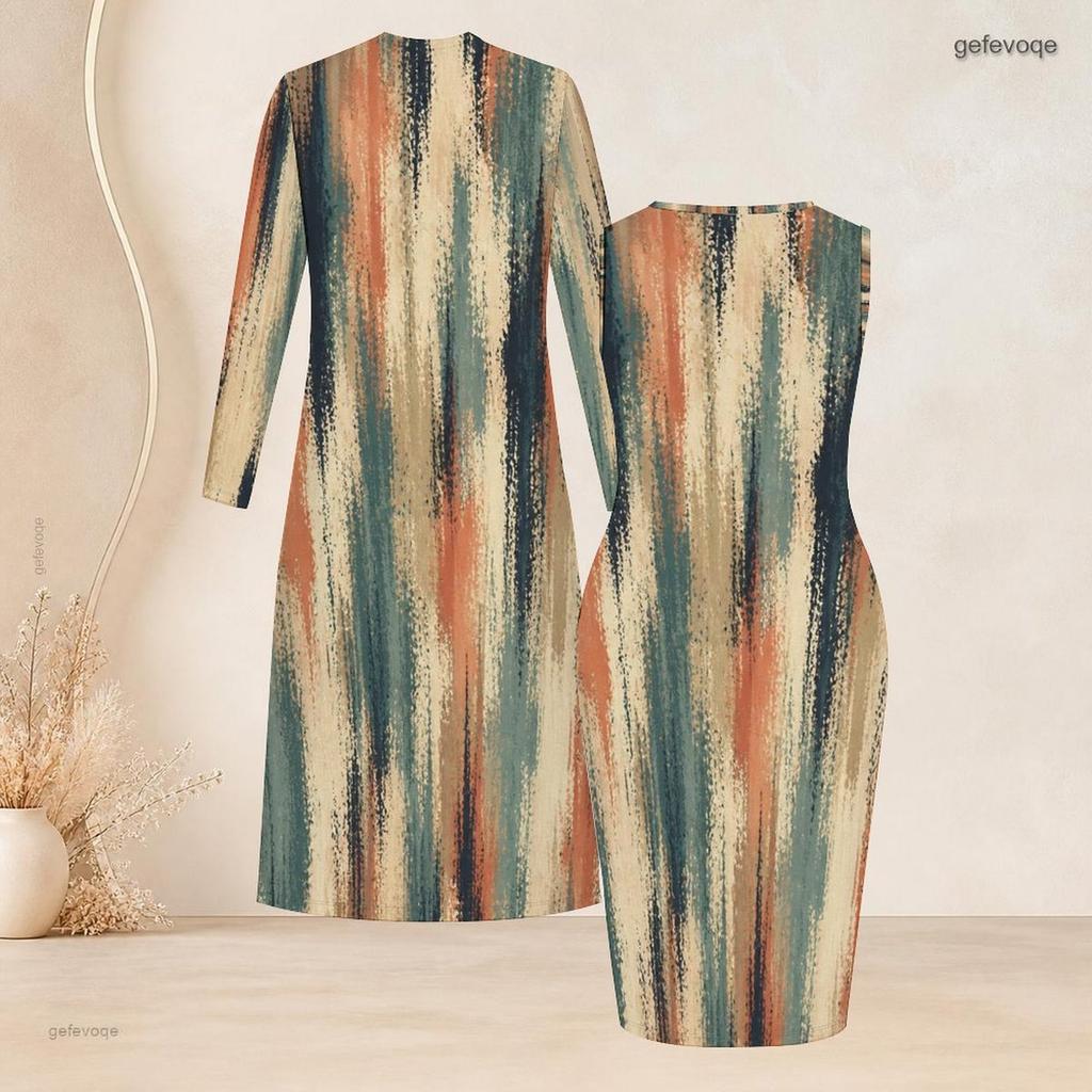 Women Plus Size Two Piece Outfit Geometric Printed Long Sleeve Open Front Cardigan Sleeveless Bodycon Dress