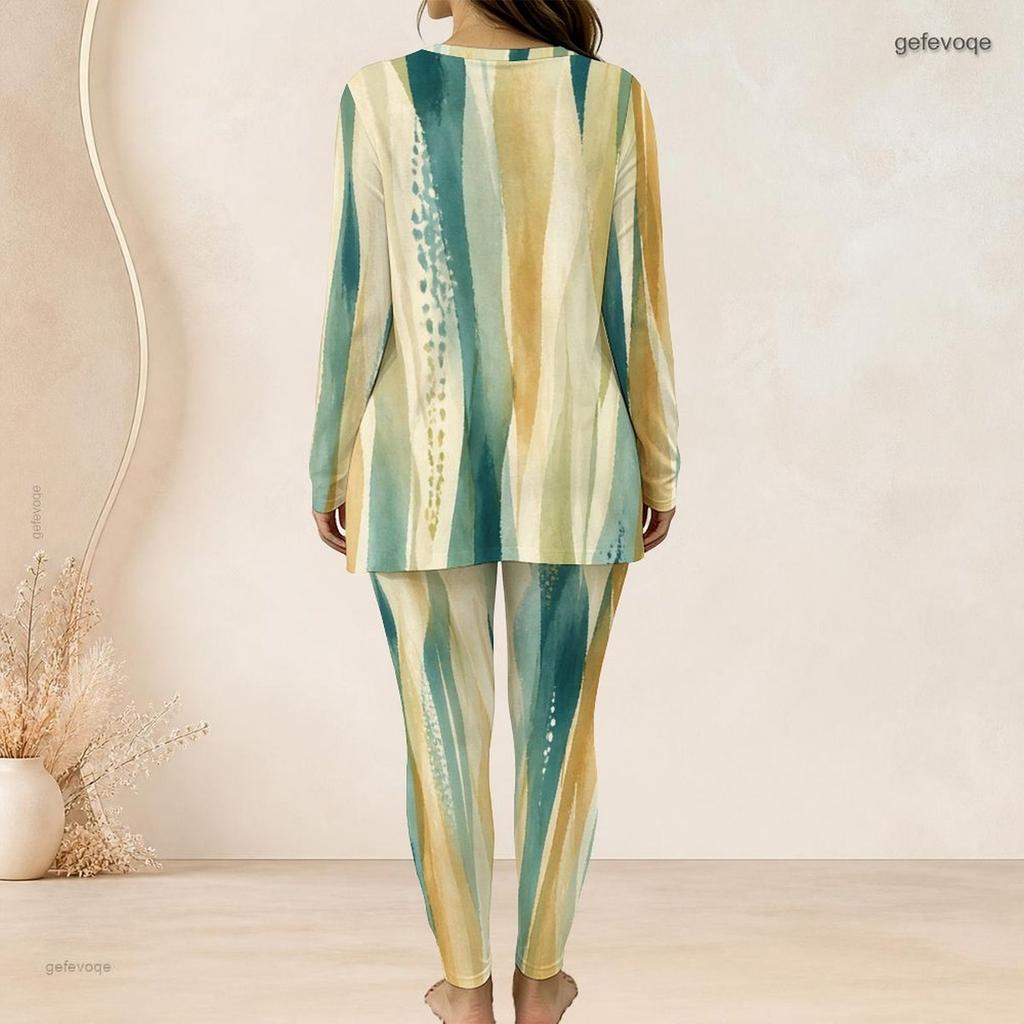 Women Plus Size Dark Blue Printed Two Piece Set Round Neck Long Sleeve Longline Top Fitted Pants