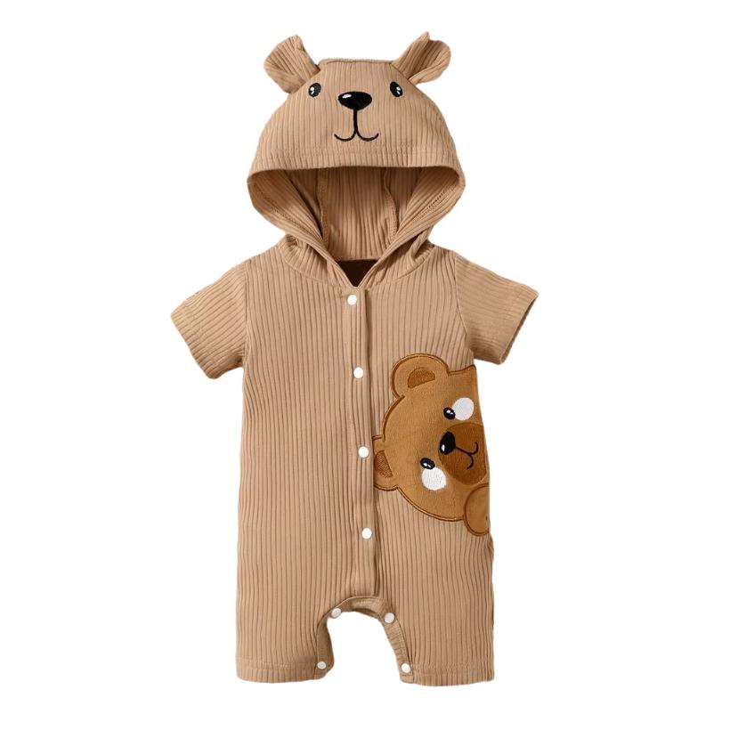 0-9 Months Newborn Baby Boy Girl Ribbed Brown Short Sleeve Bear Print Hooded Romper Fashion Lovely Jumpsuit Photograph Outfit 0-1M хаки