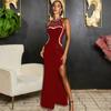 Women's Sexy Sleeveless Slit Dress Diamond Long Dress Evening Gown