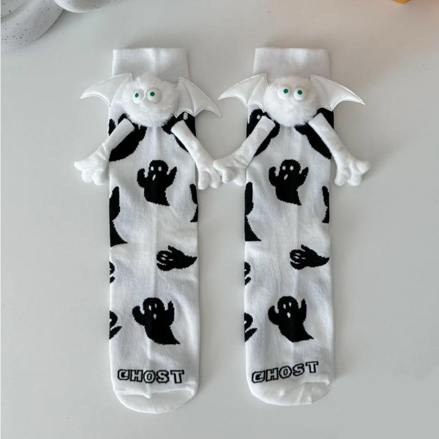 Damen Halloween Socken Niedliche Keine Magnetischen Hand in Hand Socken Und Weiße Geist Mittelrohr Cartoon Socken Lustige Socken