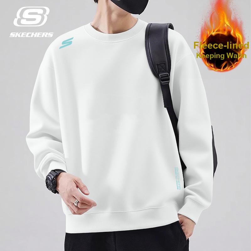 Skechers Autumn And Winter Fleece Warm Long Sleeve Versatile Pullover Sports Base Layer Sweatshirt Men sweatshirt Cotton-Candy-White P425M233-0074