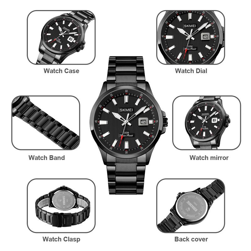 Skmei Luxury Steel Strap Mens Bracelet Watches with Date Alloy Case Mineral Glass Dial Analog Display Quartz Waterproof Watch