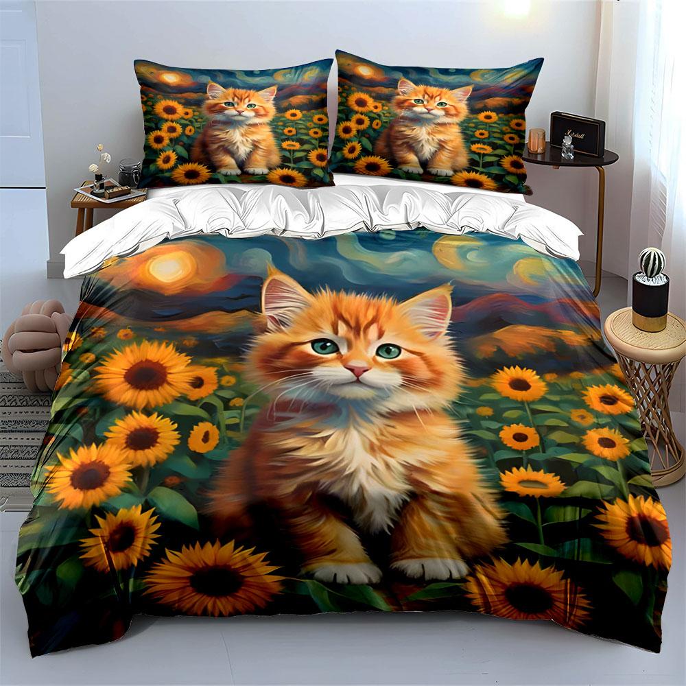 Cute Kitten In Sunflower Field Duvet Cover Set With 3D Printing Design Soft Polyester Bedding Set All-Season Comfort