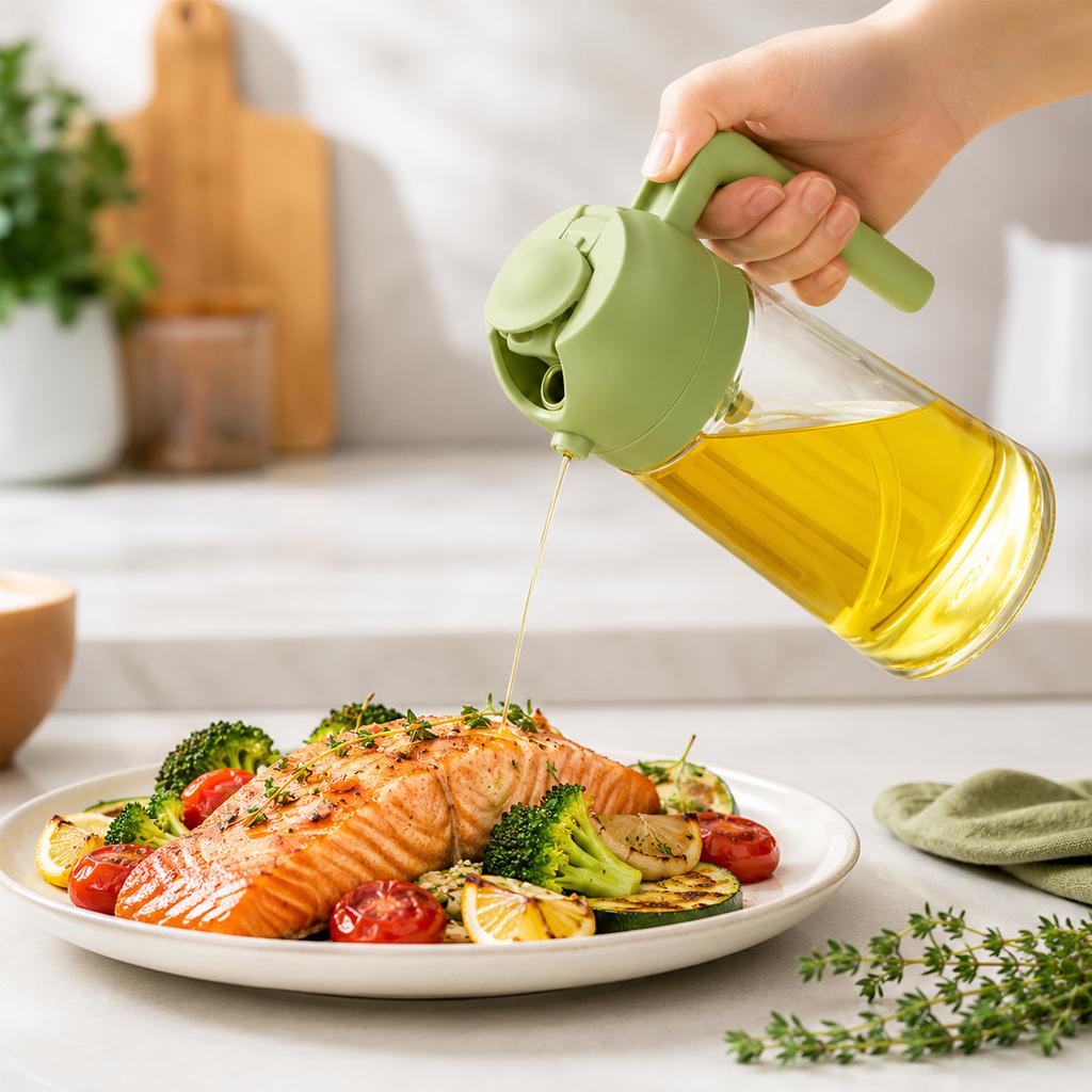 2-in-1 Glass Olive Oil Sprayer & Dispenser 16oz/470ml Leakproof Spray Bottle for Cooking, Air Fryer BBQ, Baking Salad Grilling