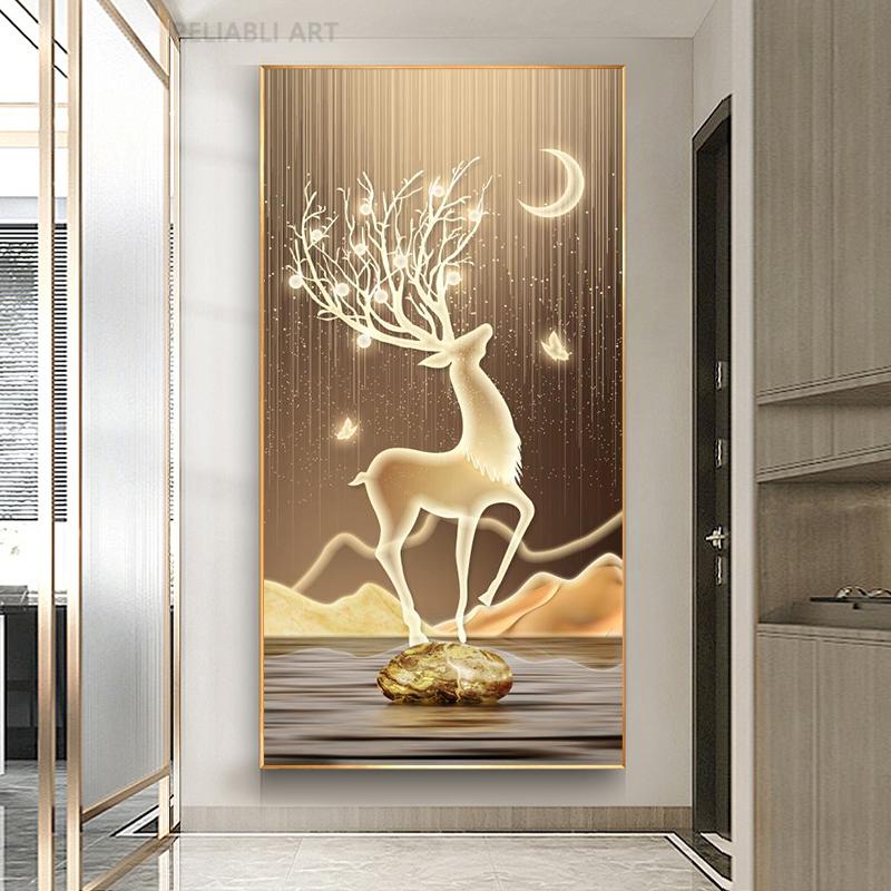 New Chinese Fengshui Golden Deer Canvas Painting Abstract Zen Stone Posters and Prints Modern Luxury Wall Art for Porch Decor