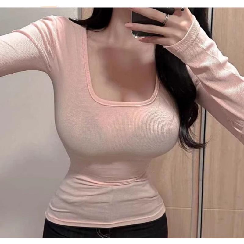 

Women s Bodycon Stretch Long Sleeve T-Shirt - Square Neck, Comfortable, Flattering Fit, Pure Desire, Showcases Collarbone. One Size рожевий